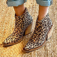 Leopard Pointed Ankle High-top Back Zipper Pull-up Boots For Women