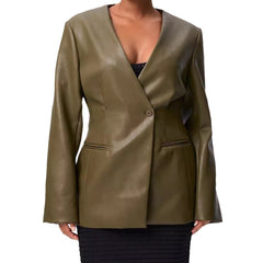 Fashionable Elegant Green V-neck Slim Suit Leather Coat