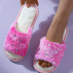 Fluffy Slippers Female Gradient Color Open Toe Cotton Slippers
