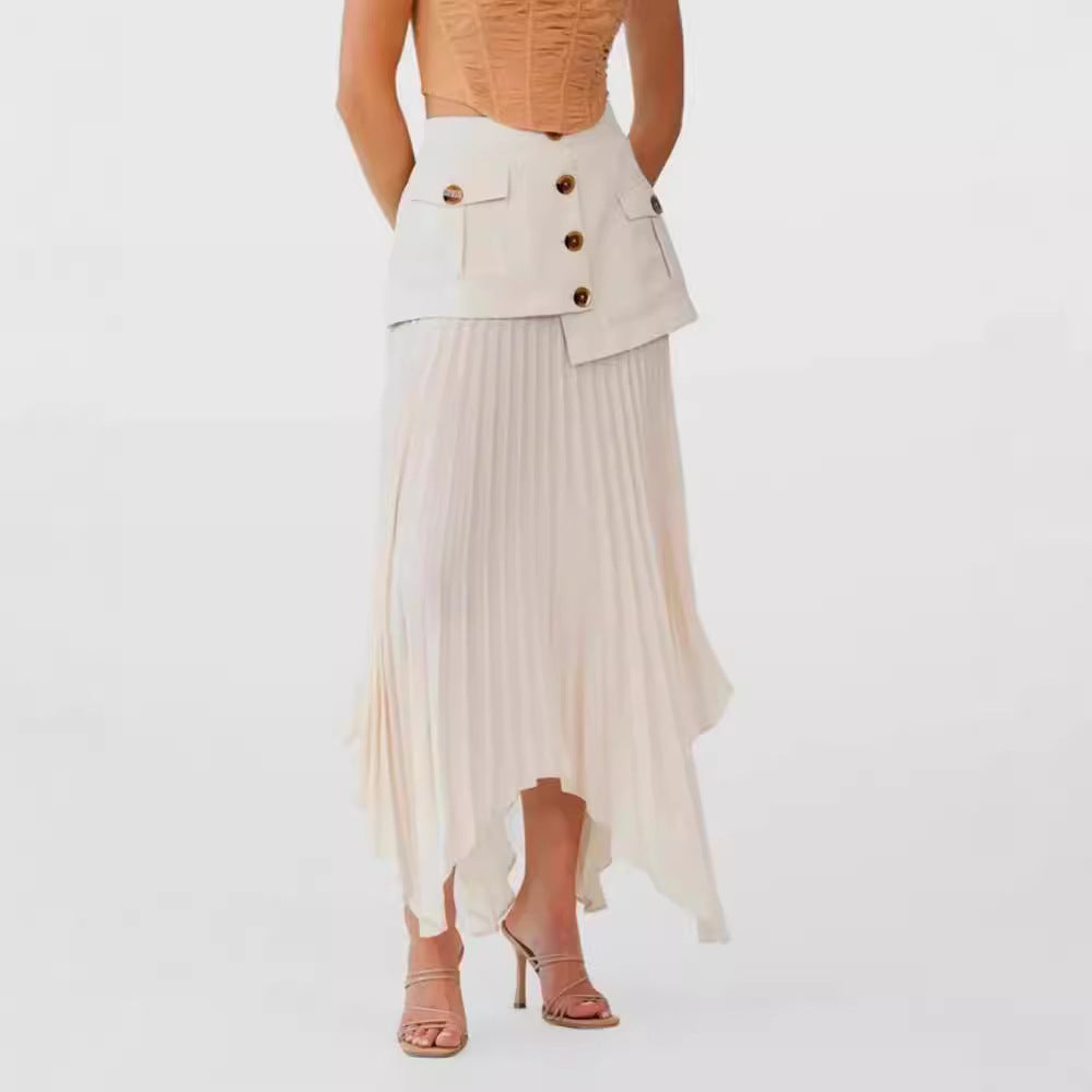 Irregular Chiffon Stitching Pleated Multi-button Pocket Skirt