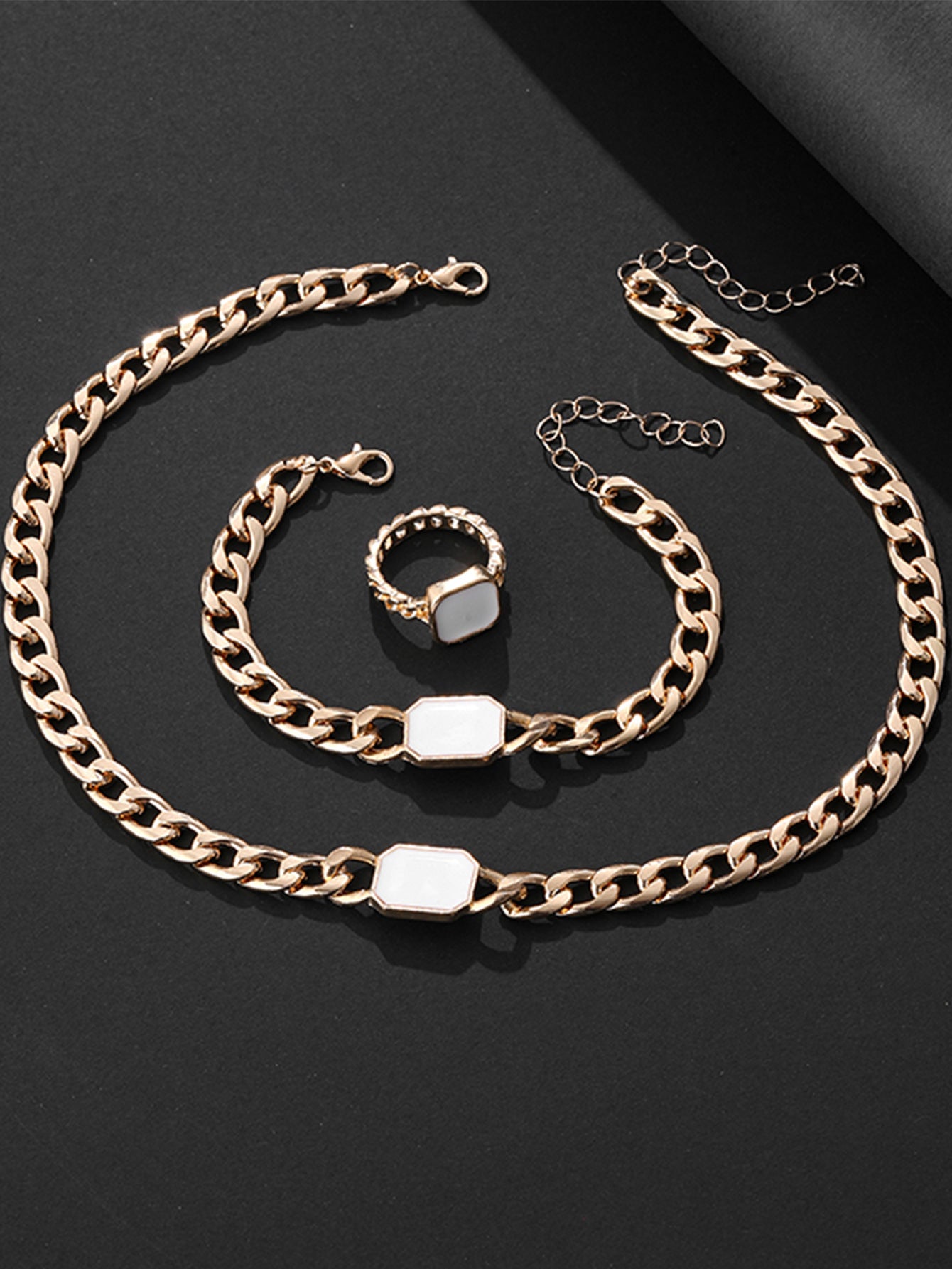 Geometric Square Chain Necklace Bracelet Ring Jewelry Set