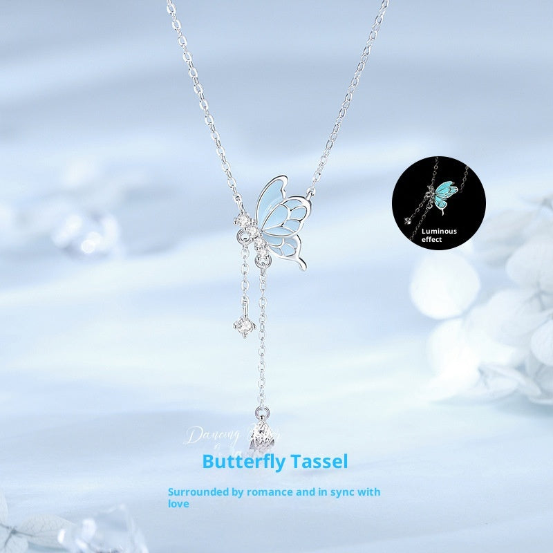 Sterling Silver S925 Butterfly Tassel Noctilucent Necklace