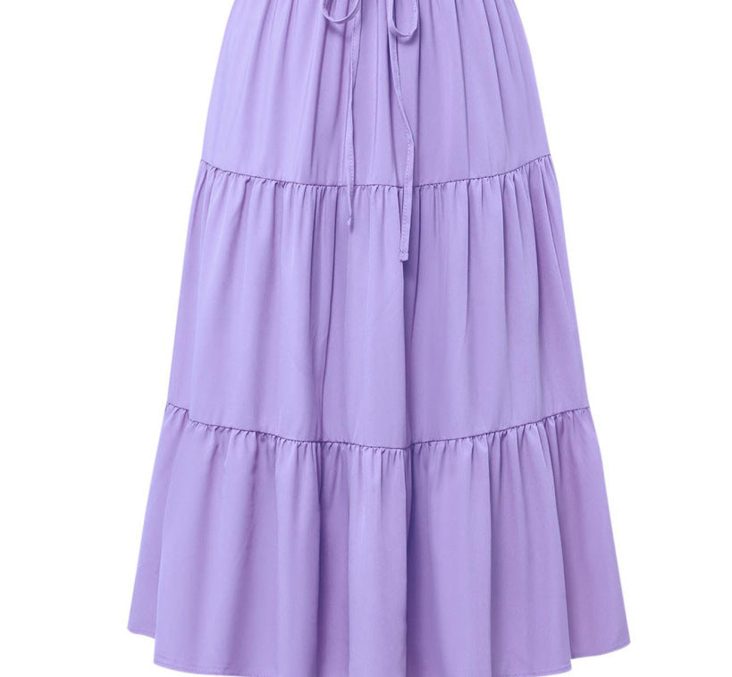European And American Solid Color Stitching Ruffle Elastic Pocket Skirt