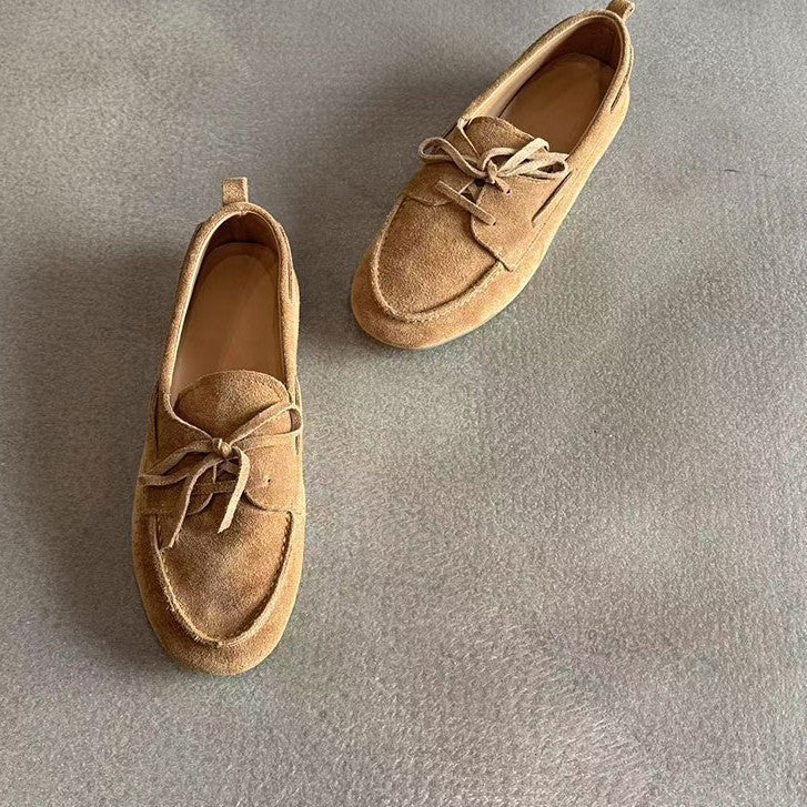 Sheepskin Version British Style Leather Flat Retro Lace Up Pumps