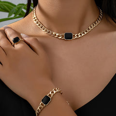 Geometric Square Chain Necklace Bracelet Ring Jewelry Set